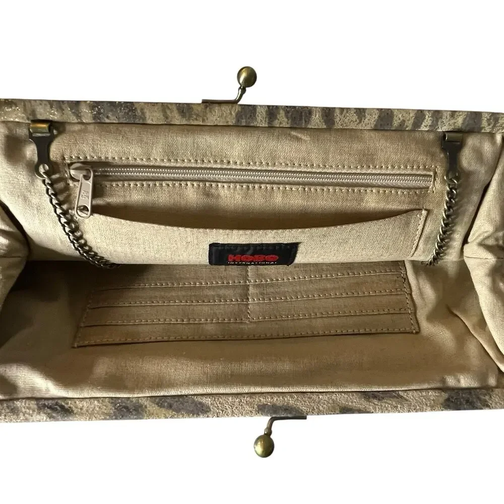 Hobo International Vtg. Frame Bag Clutch Chain Kiss Lock Leopard Print Tan Gold